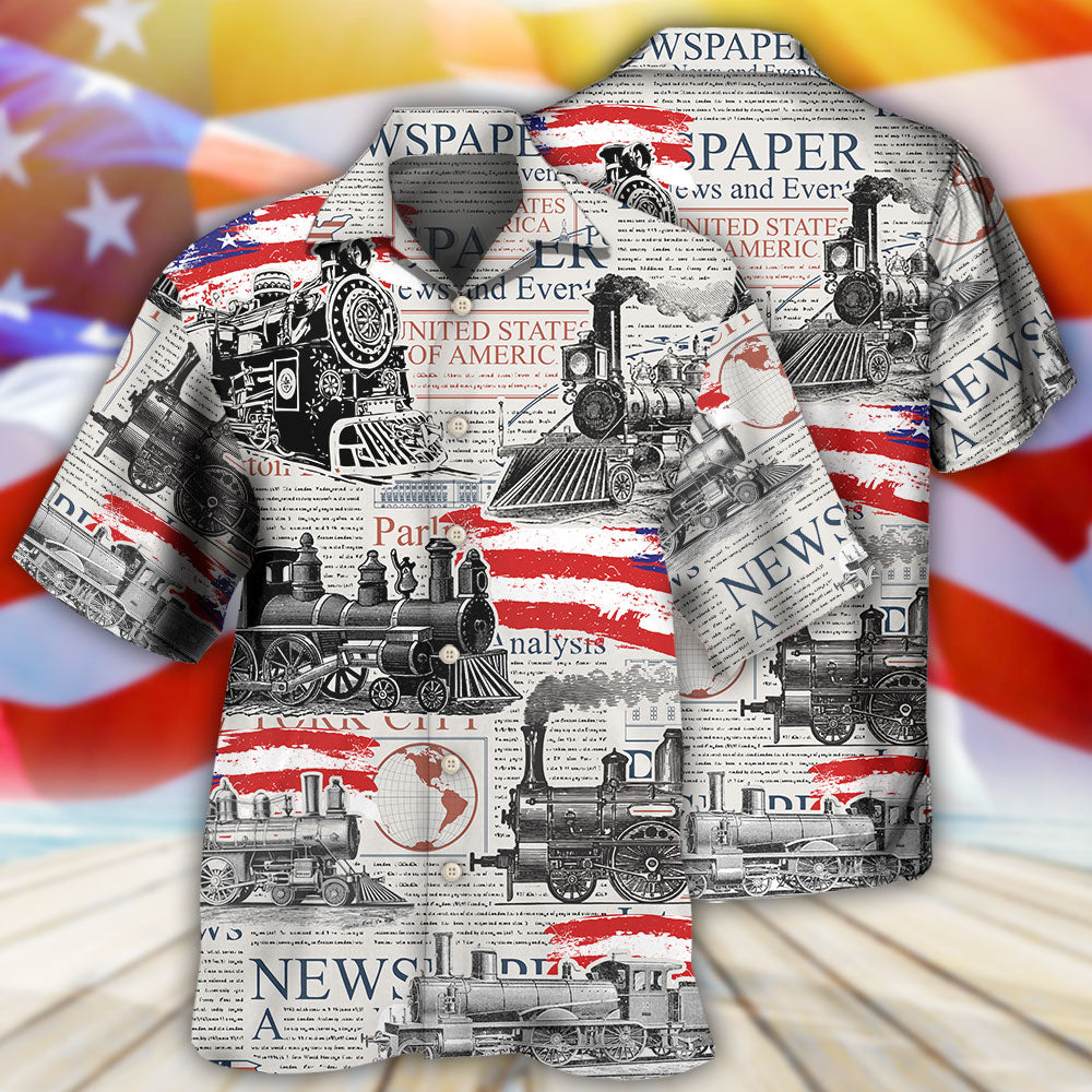 Retro Train Independence Day US Flag Hawaiian Shirt Artwork View For Weekend Travel And Beach Style