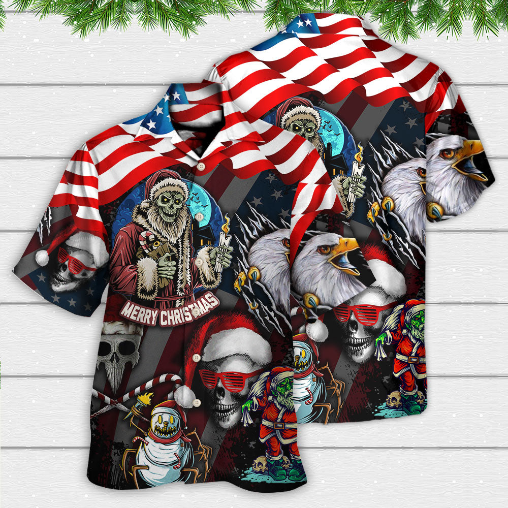 Skull Christmas US Flag Skeleton Eagle Vibe Hawaiian Shirt Design Detail For Beach Days And Holiday Travel