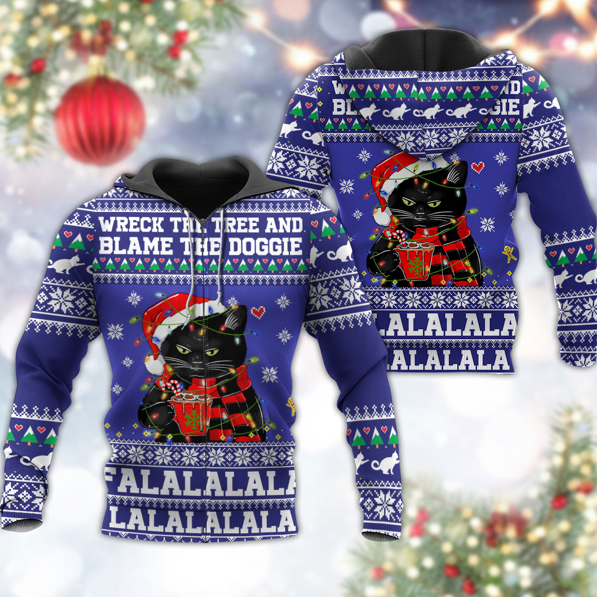 Black Funny Cat Wreck Tree Holiday Hoodie For Festive Family Moments Winter Wear And Holiday Gift Ideas