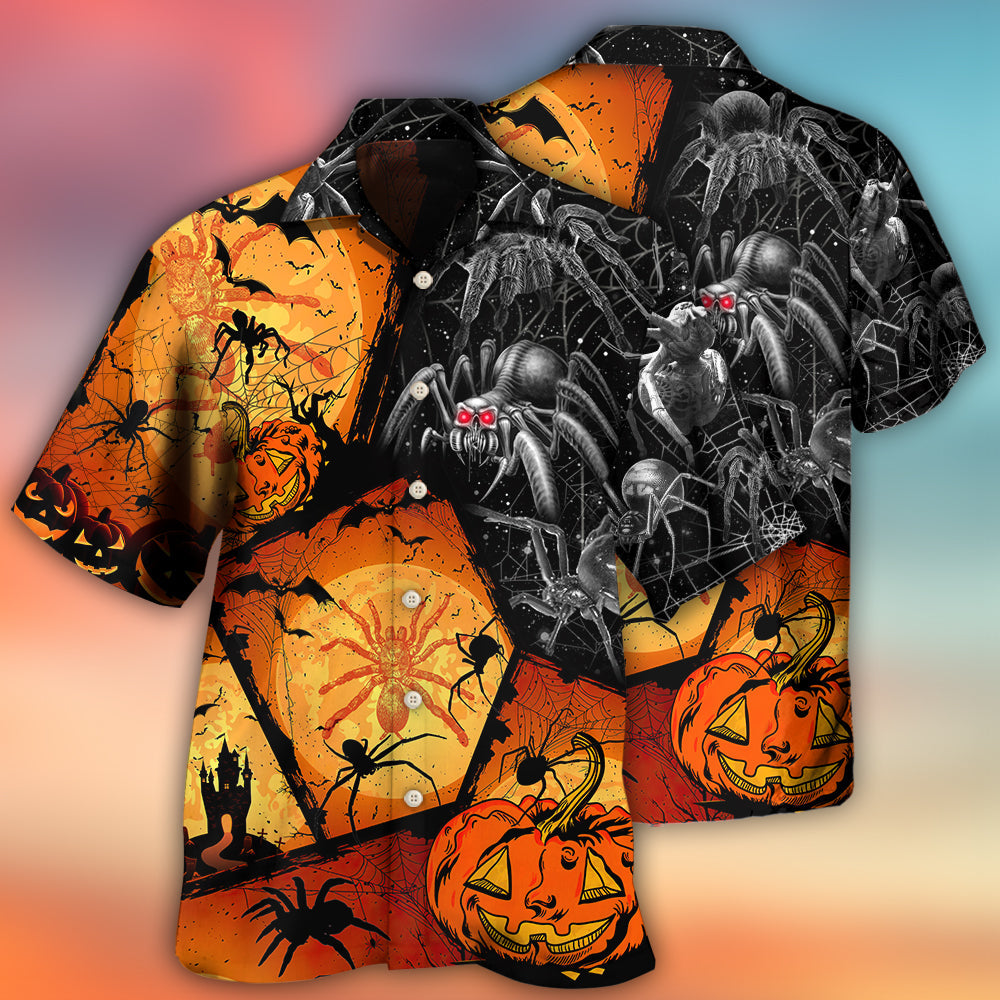 Halloween Spooky Spider Pumpkin Hawaiian Shirt Print Closeup For Island Holidays