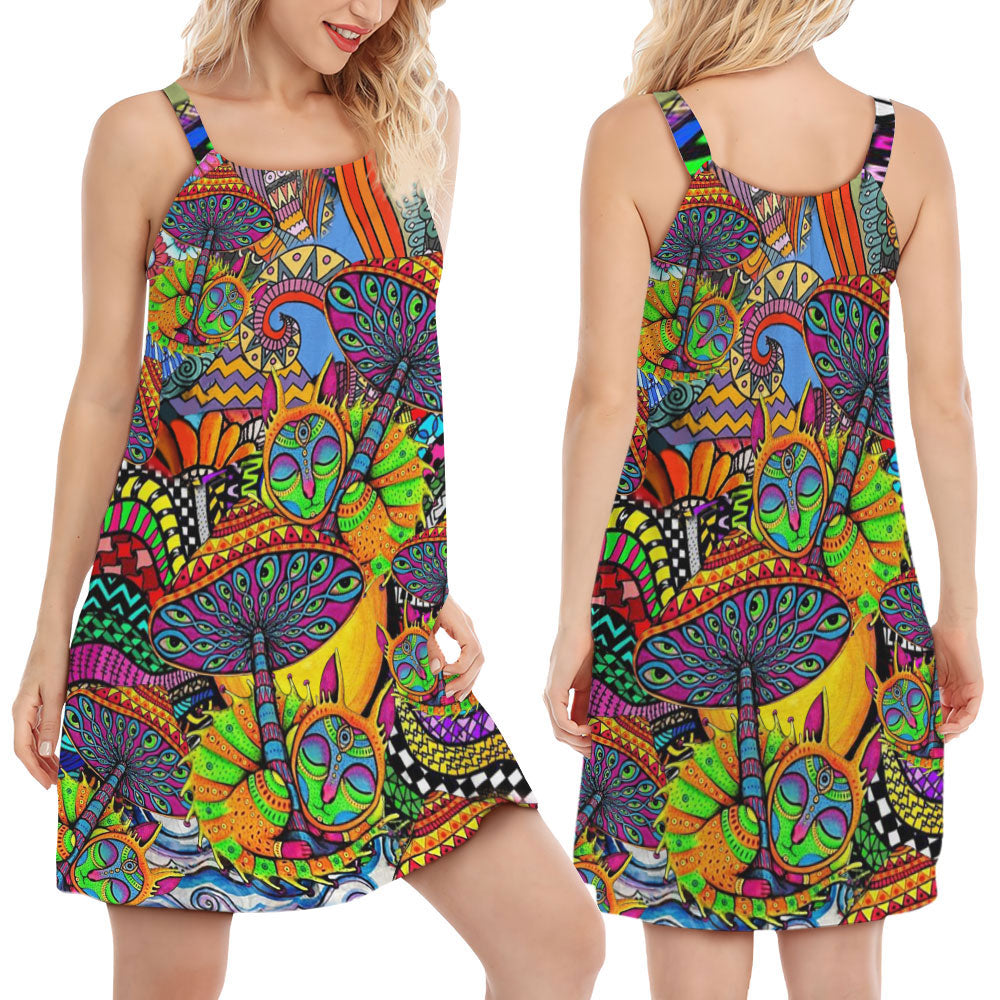 Hippie Peaceful Spirit Color Floral V-Neck Sleeveless Cami Dress For Vacations And Artistic Everyday Fashion