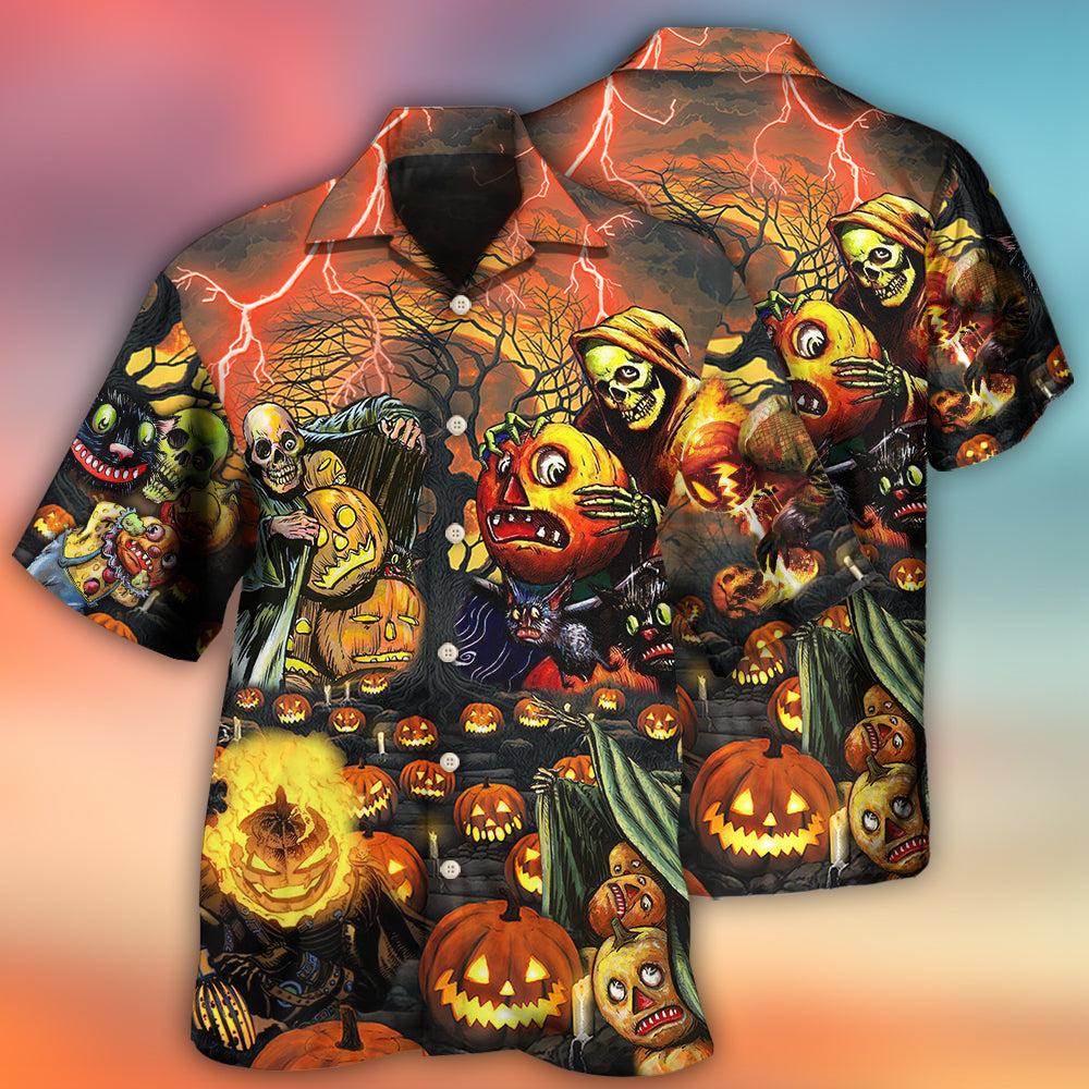 Dark Skull Halloween Pumpkin Hawaiian Shirt Artwork Detail For Tropical Trips And Casual Outings