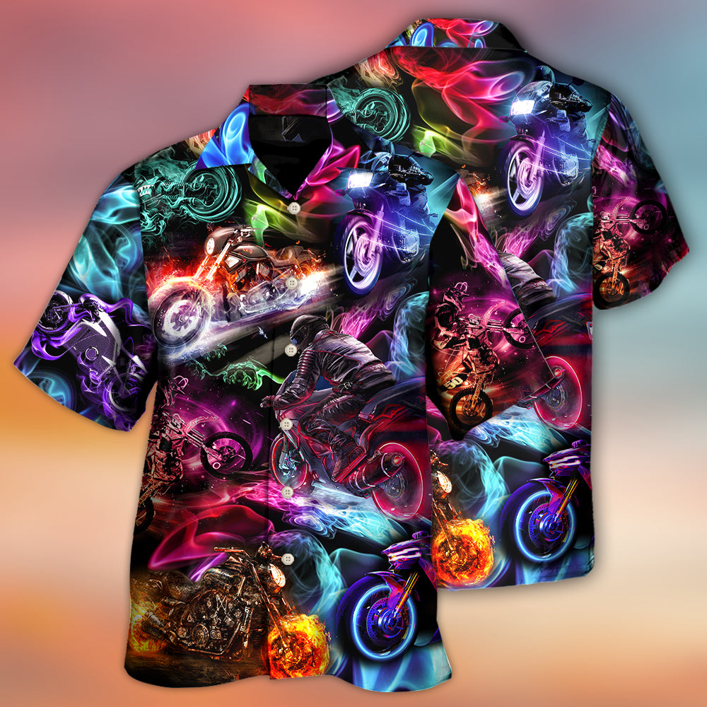 Neon Colorful Motorcycle Racing Light Hawaiian Shirt Pattern View For Relaxed Warm Weather Outfits