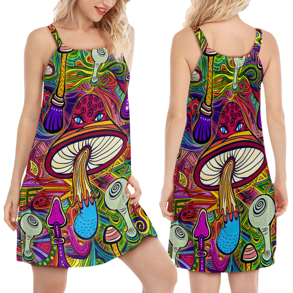 Hippie Mushroom Hypnotizing V-Neck Sleeveless Cami Dress For Vacations And Artistic Everyday Fashion