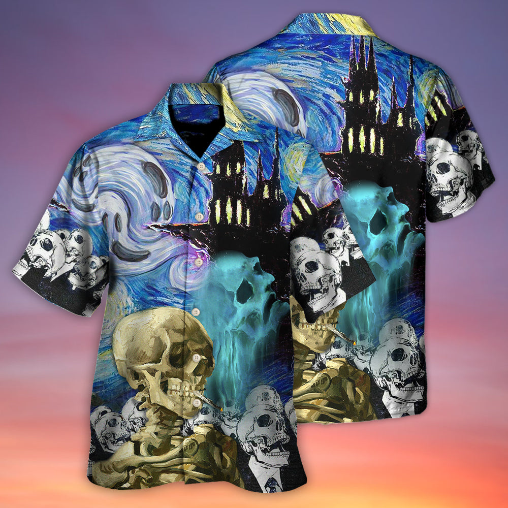 Skull Halloween Smoke Starry Night Boo Hawaiian Shirt For Coastal Adventures And Warm Weather Wear