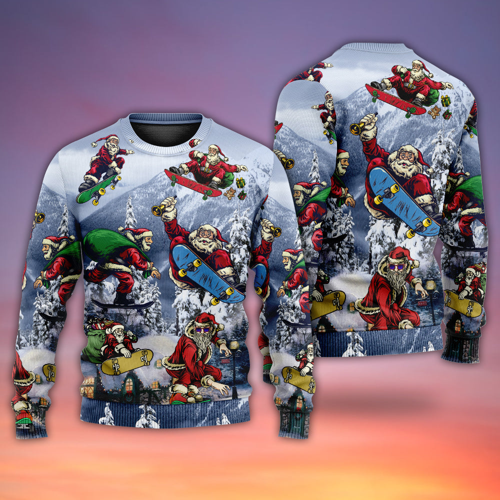 Christmas Santa Skateboarding Snow Mountain Sweater For Festive Events Weekend Outings And Comfortable Winter Style