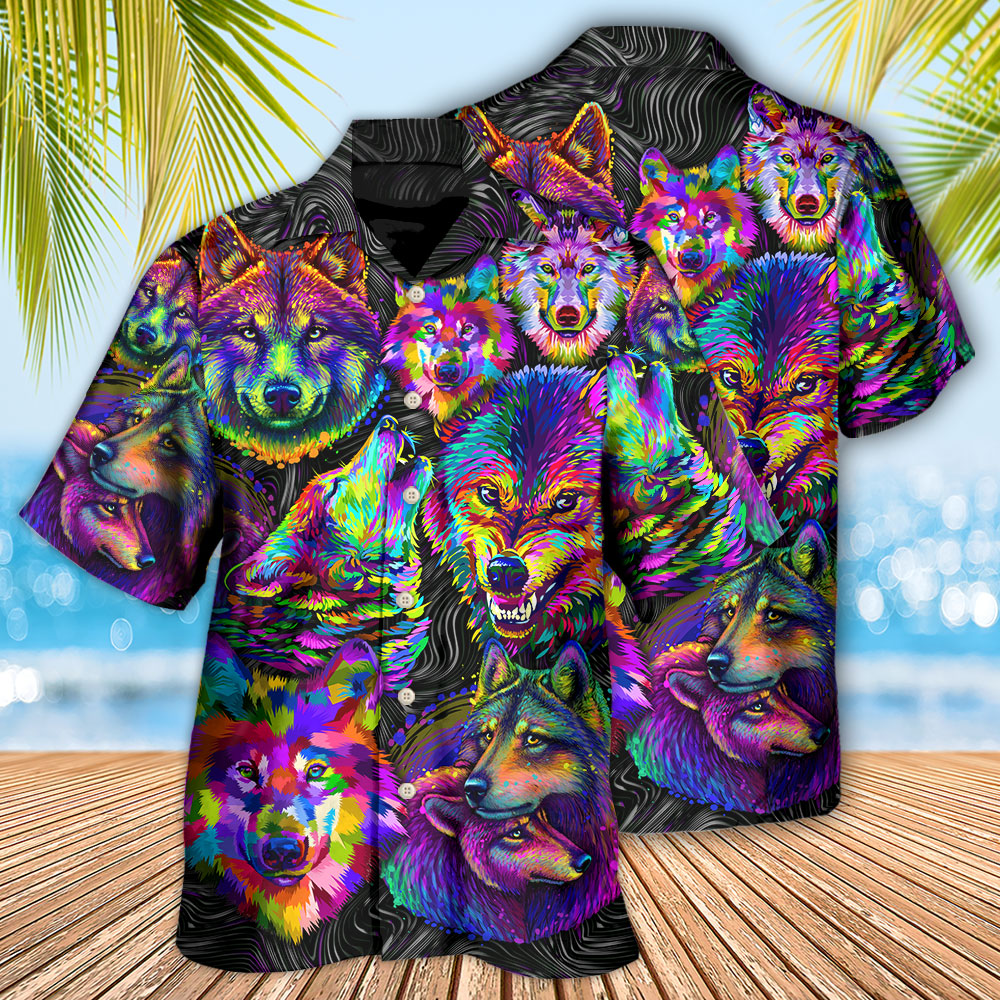 Fantasy Colorful Neon Wolf Hawaiian Shirt Detailed Pattern View For Weekend Trips