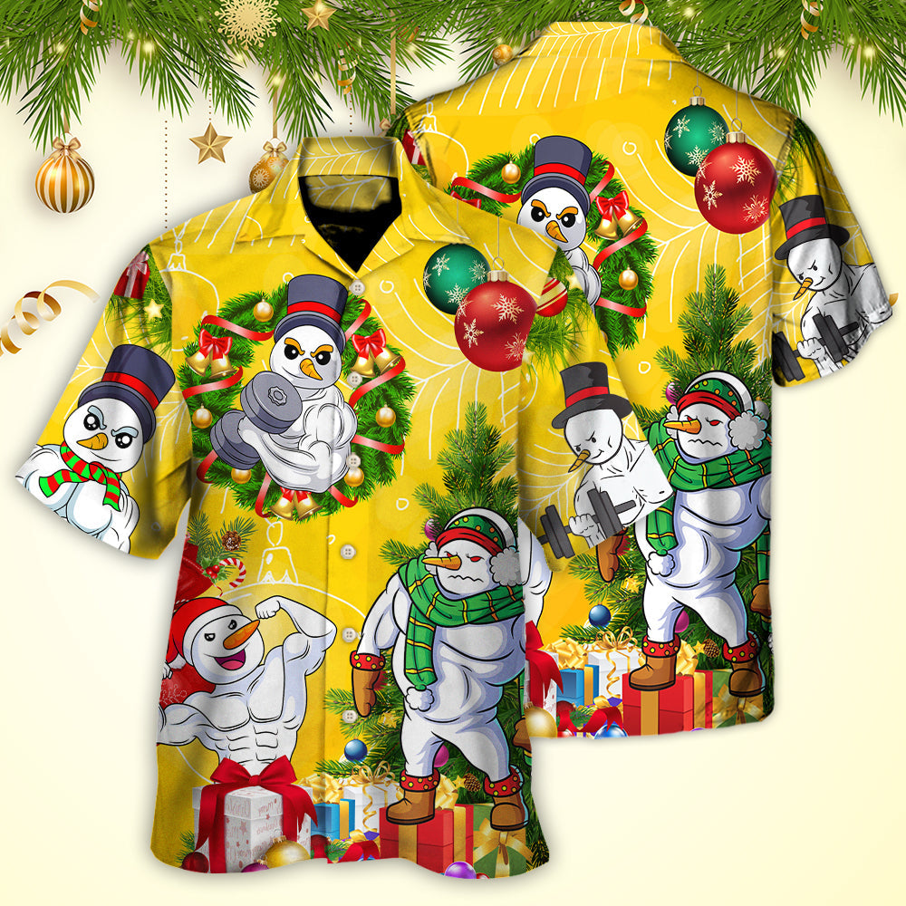 Christmas Snowman Workout Hawaiian Shirt Detailed Pattern View For Vacation Style