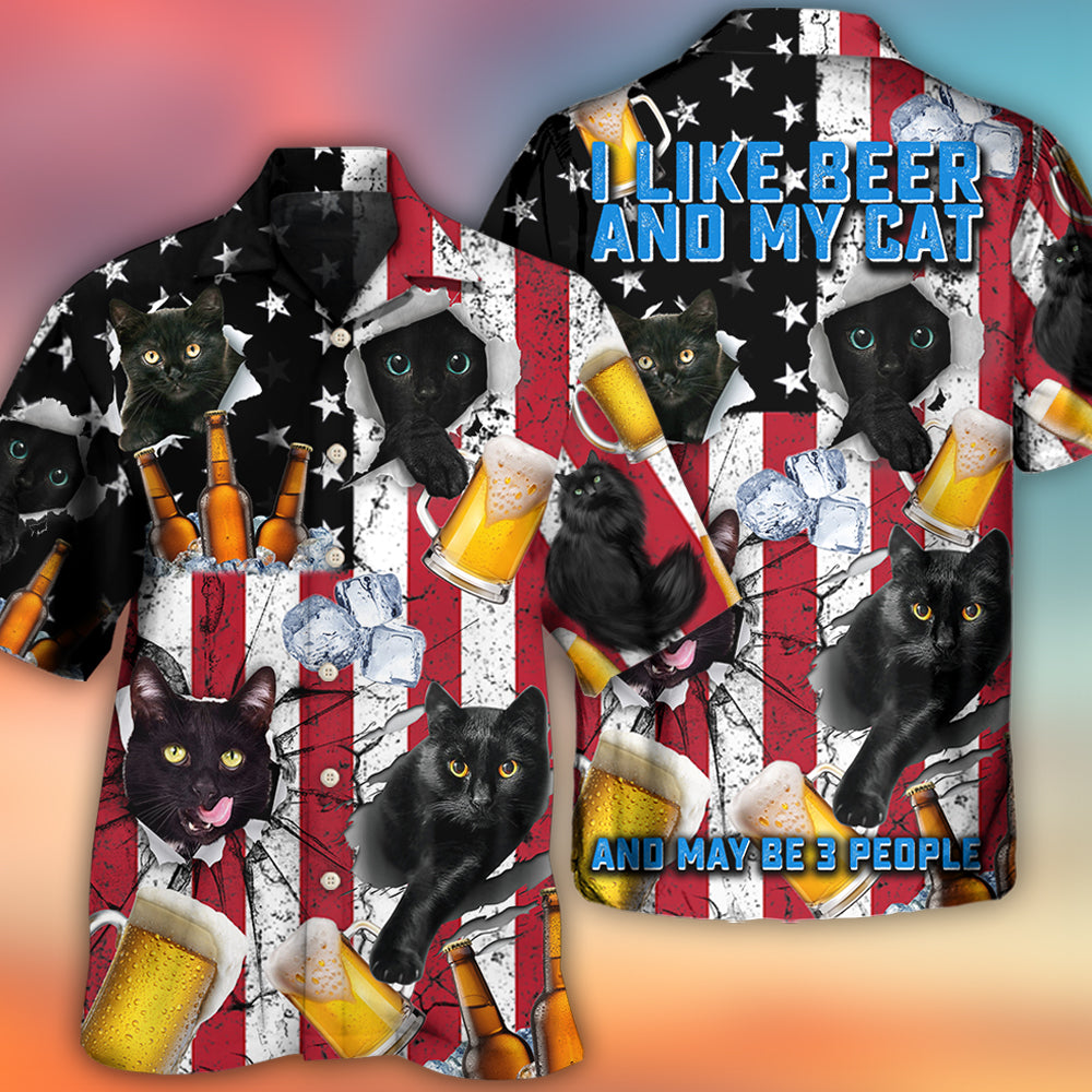 Black Vintage Cat Beer American Flag Hawaiian Shirt For Summer Vacation And Beach Travel