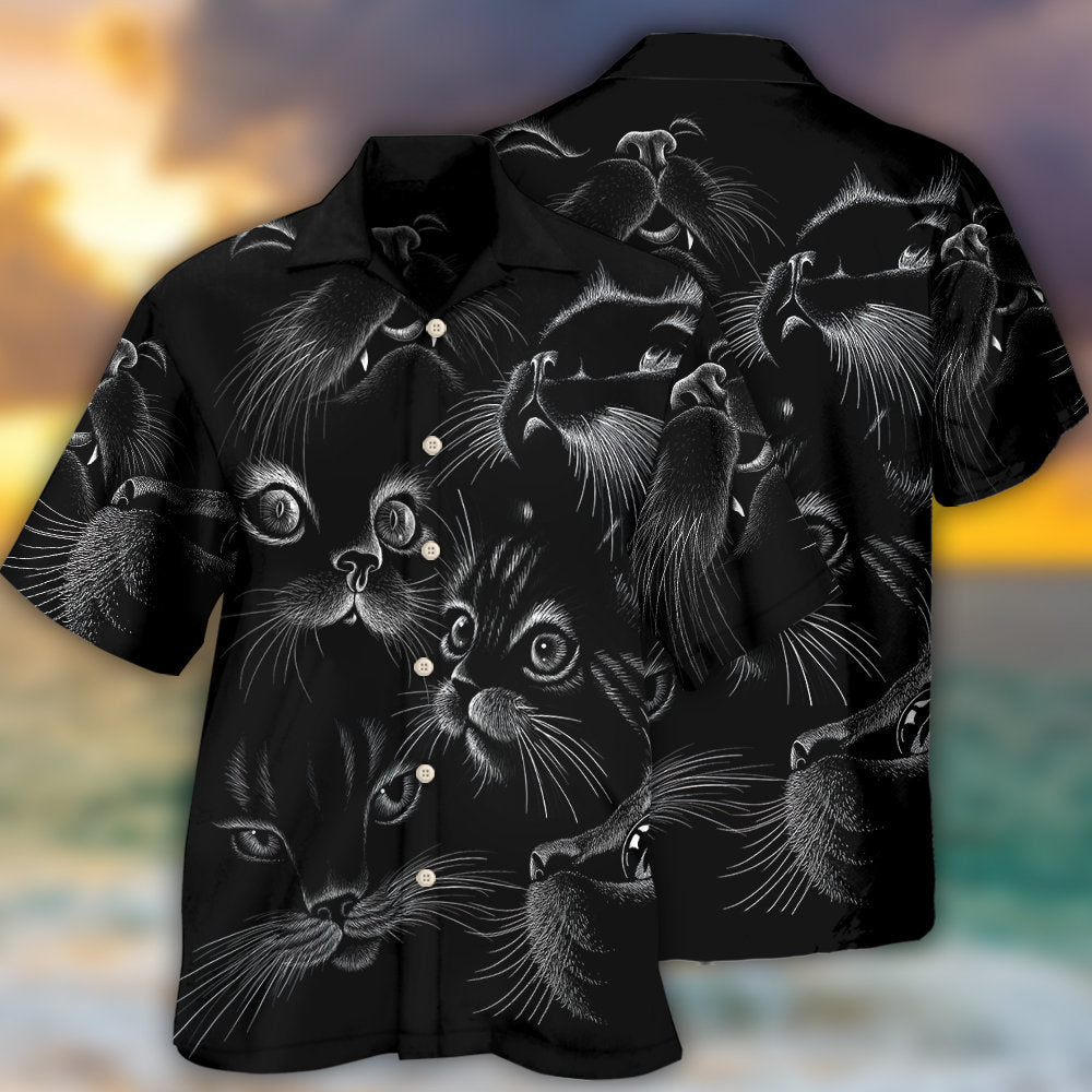 Creative Bold Black Cat Design Hawaiian Shirt Relaxed Style View For Vacation Style