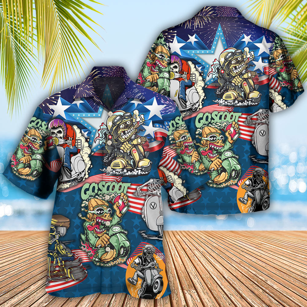 Patriotic Skull Scooter USA Flag Hawaiian Shirt For Vacation Days And Relaxed Coastal Outings