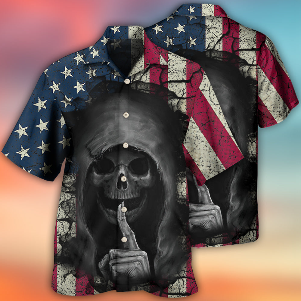 Dark Vintage Skull American Flag Hawaiian Shirt For Summer Vacation And Beach Travel
