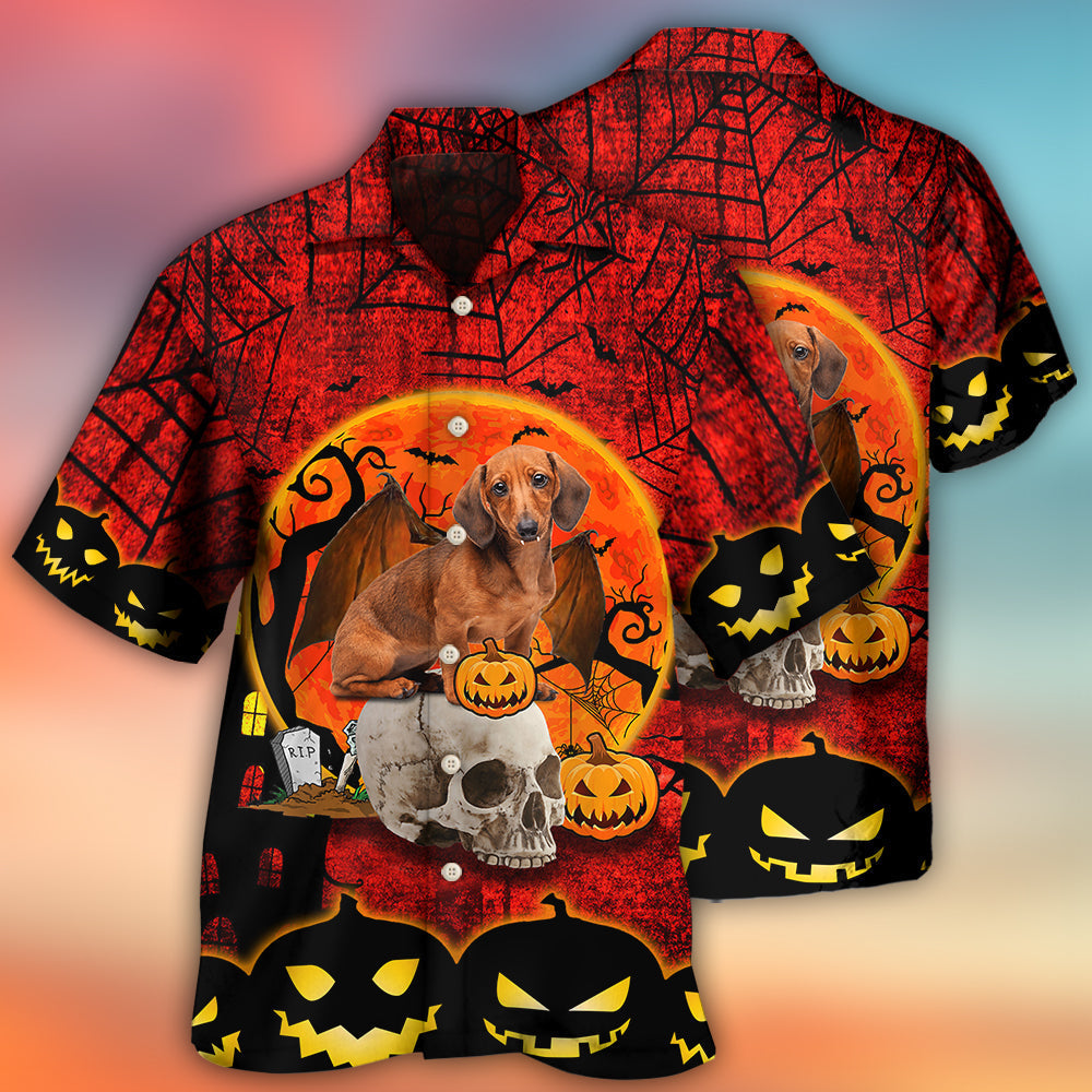 Halloween Spooky Dachshund Pumpkin Hawaiian Shirt Graphic Artwork Detail For Beach Days