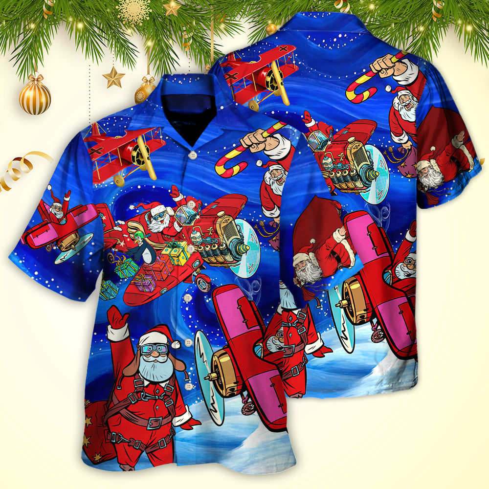 Christmas Reindeer Santa Airplane Hawaiian Shirt Pattern Detail For Warm Weather Events
