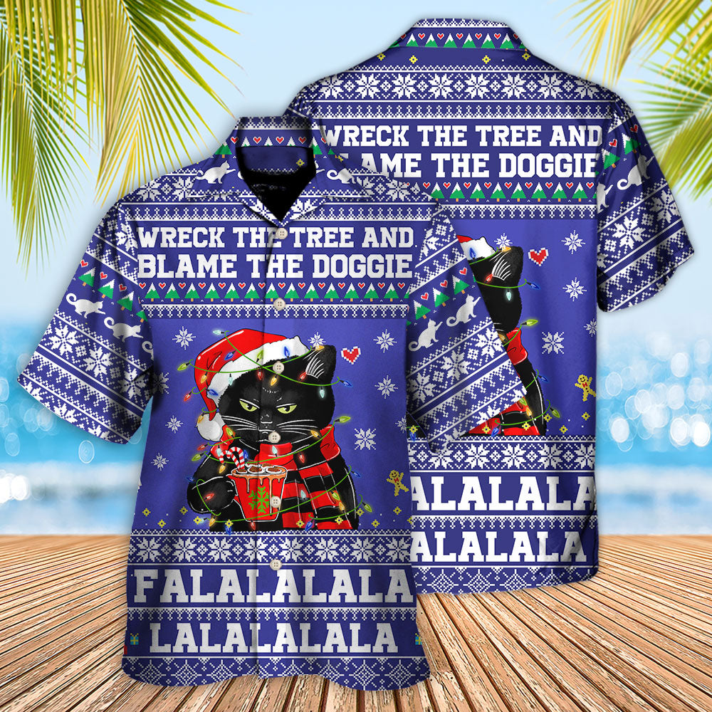 Black Cat Wreck Tree Christmas Hawaiian Shirt Pattern Detail For Summer Holidays And Outdoor Fun