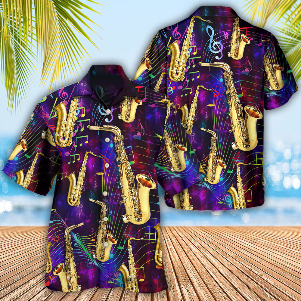 Neon Saxophone Music Jazz Hawaiian Shirt Front Pattern View For Coastal Travel