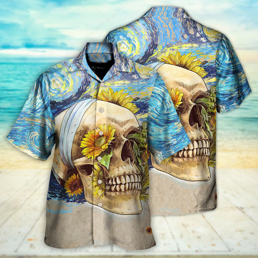 Vintage Skull Sunflower Amazing Starry Night Hawaiian Shirt Design View For Casual Summer Styling