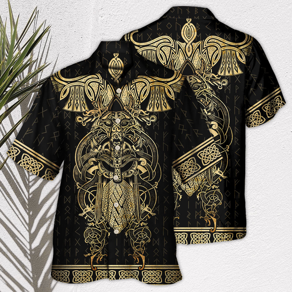 Viking Warrior Raven Yellow Nordic Hawaiian Shirt Resort Outfit View For Tropical Vacations