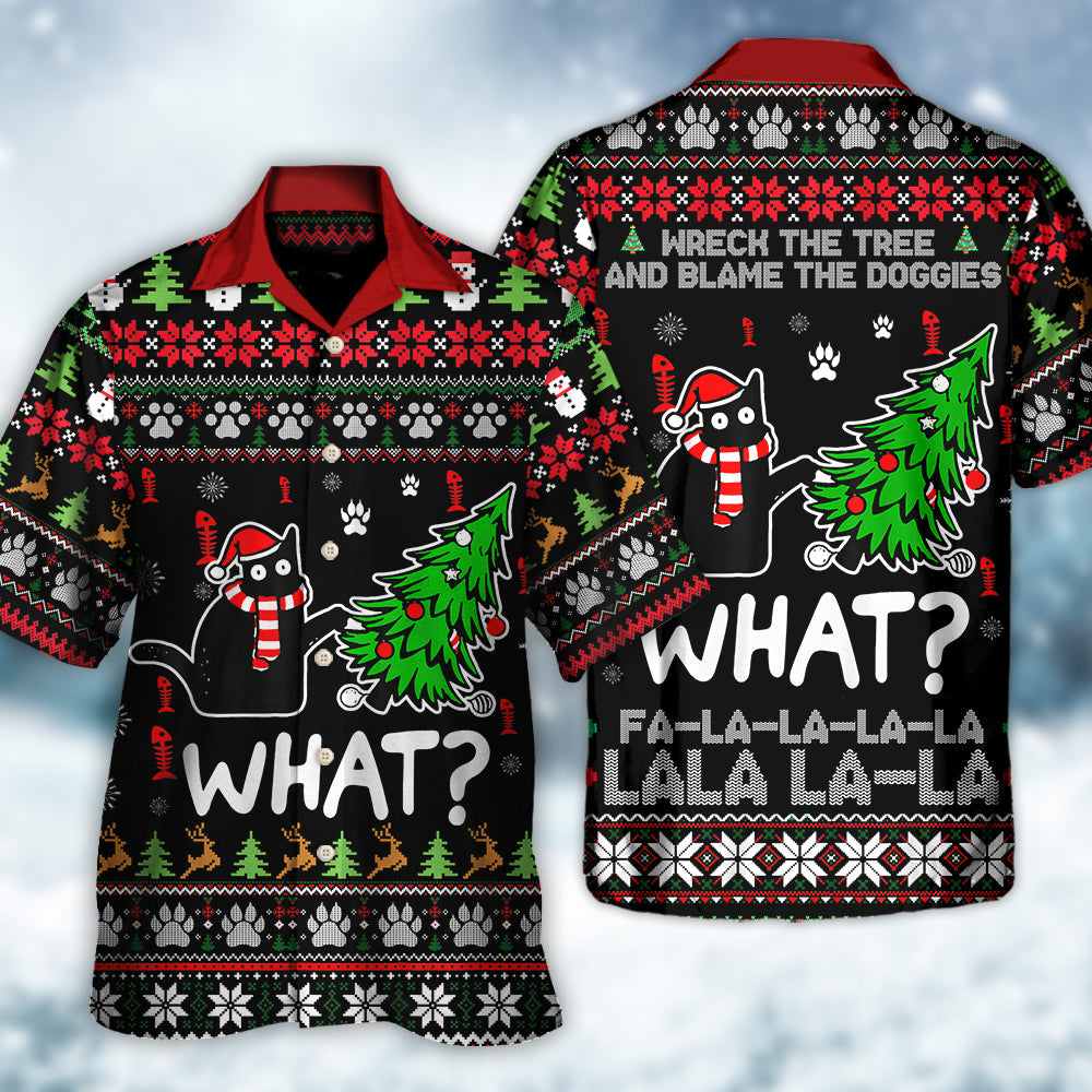 Black Funny Cat Wreck Tree Ugly Christmas Hawaiian Shirt For Summer Vacation And Beach Travel