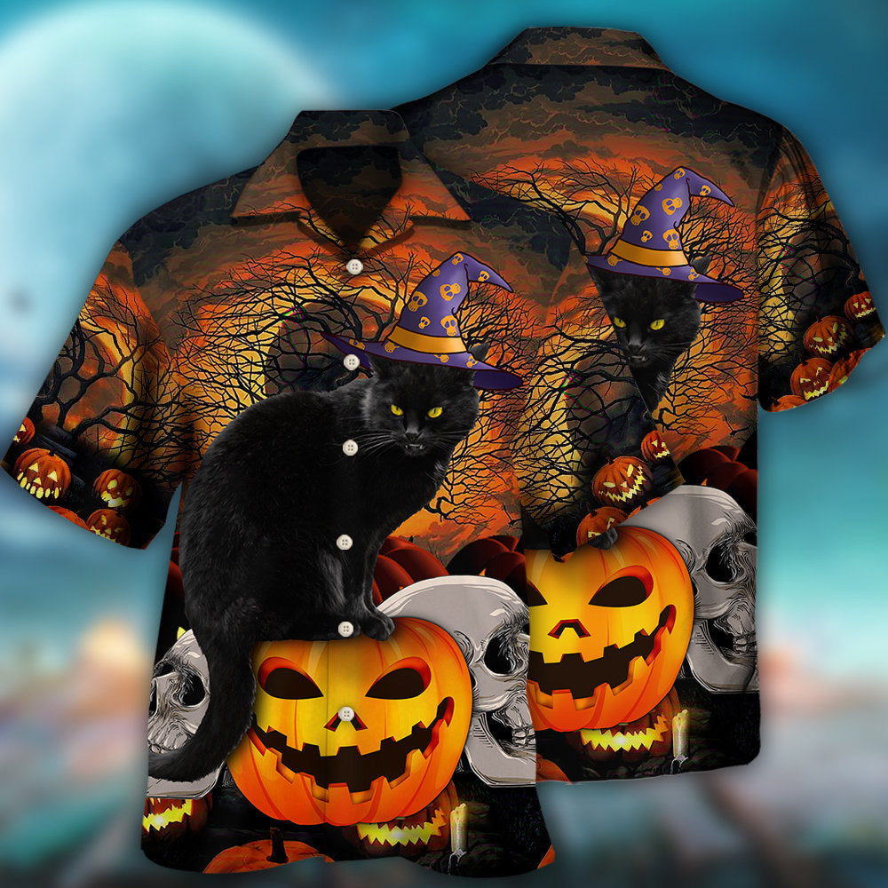 Black Cat Halloween Pumpkin Scary Hawaiian Shirt Pattern View For Lightweight Everyday Style