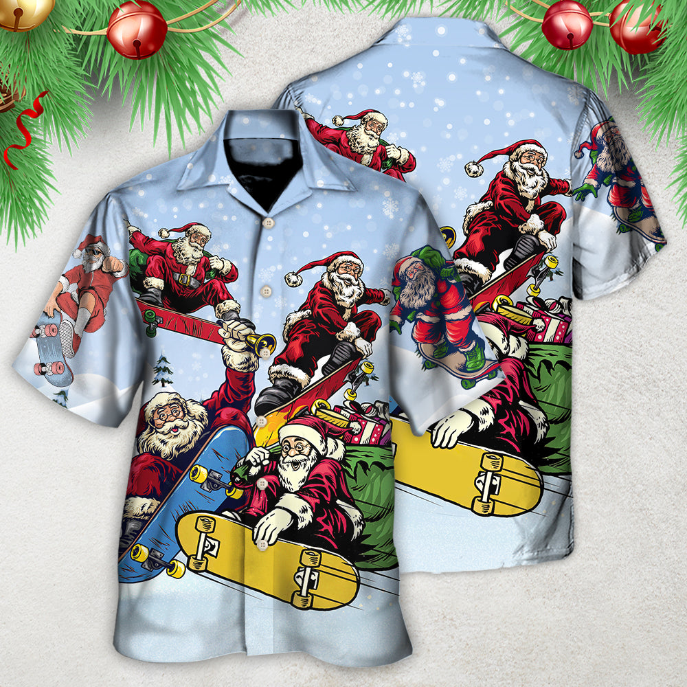 Christmas Santa Skateboard Snow Hawaiian Shirt Detailed Pattern View For Beach Days