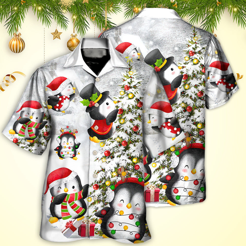 Christmas Penguin Family Hawaiian Shirt Fabric Pattern Detail For Casual Outings