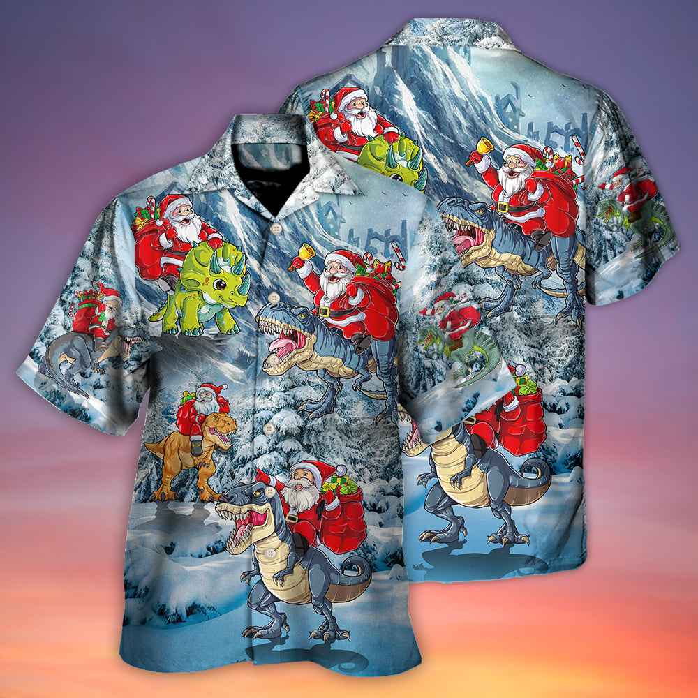 Dinosaur Christmas Riding Tree Gift Light Hawaiian Shirt Pattern Detail For Vacation Travel And Daily Wear