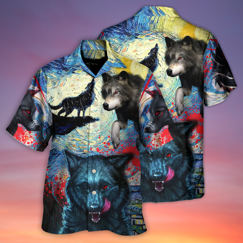 Black Dark Wolf Halloween Starry Night Hawaiian Shirt Pattern View For Lightweight Everyday Style
