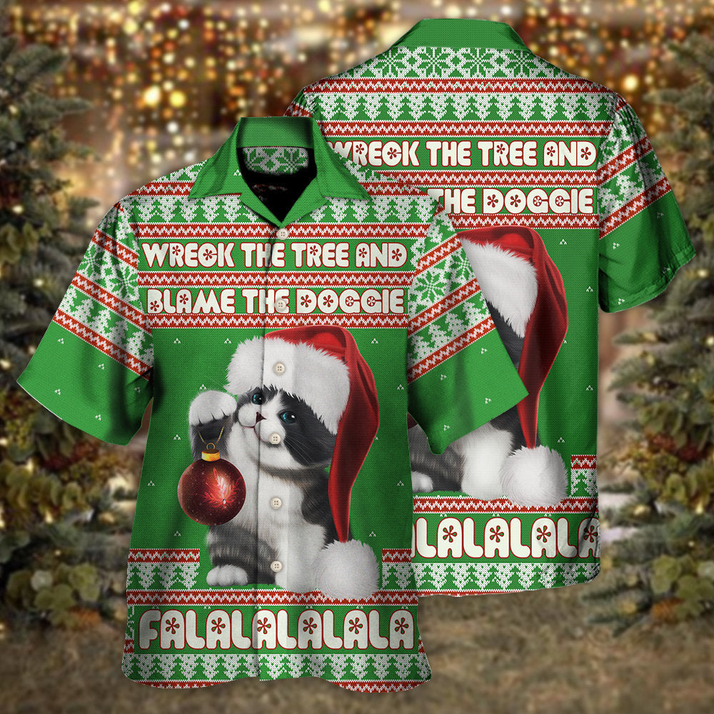 Cat Wreck Tree Blame Doggie Falalala Christmas Hawaiian Shirt Pattern Detail For Vacation Travel And Daily Wear
