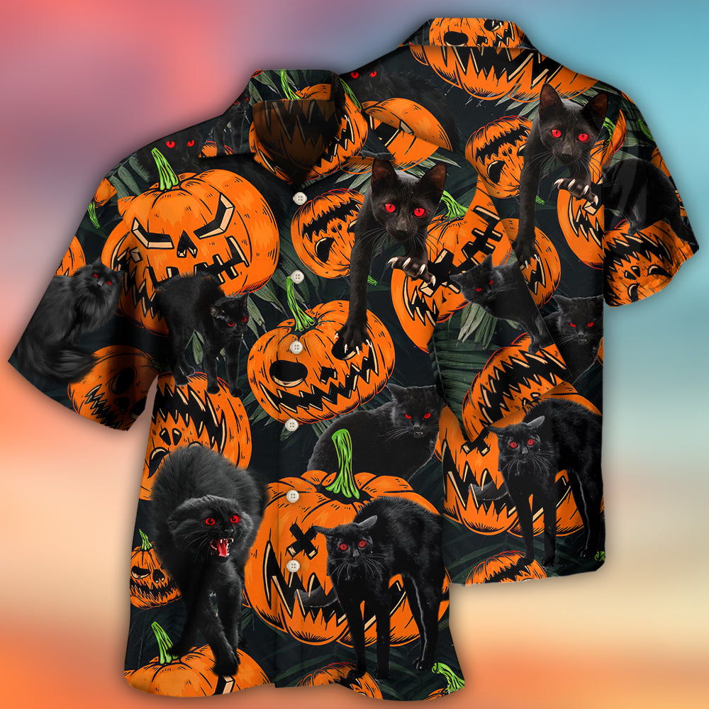 Halloween Tropical Cat Pumpkin Hawaiian Shirt Front Pattern View For Vacation Style