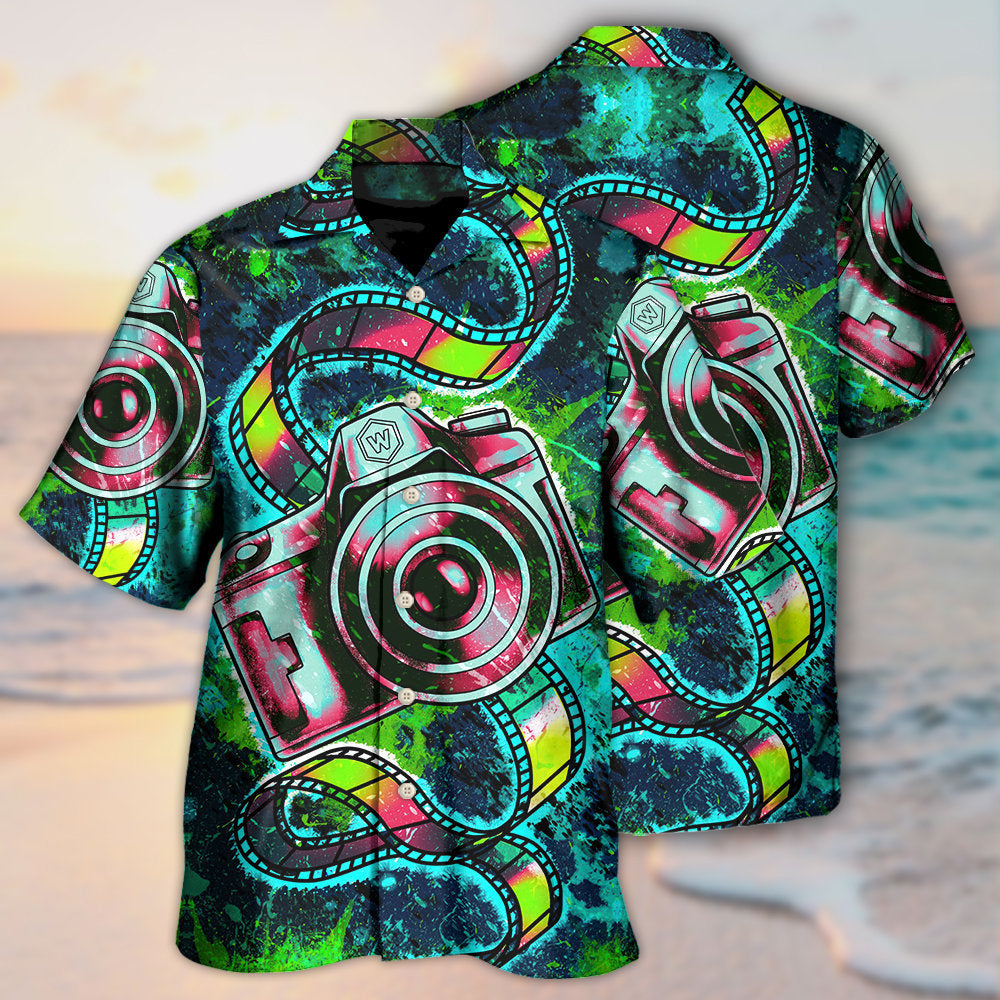 Retro Abstract Colorful Camera Hawaiian Shirt Artwork View For Island Holidays