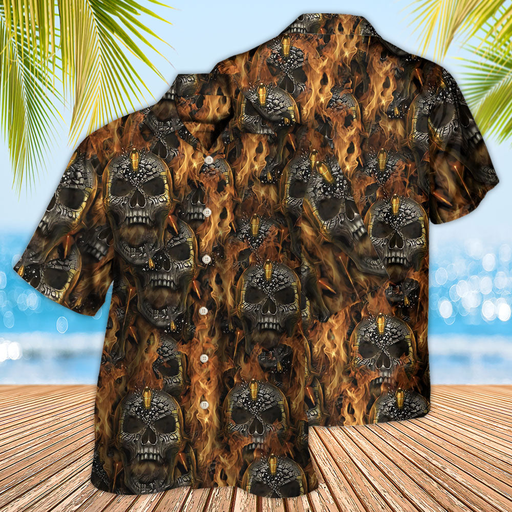 Western Skull Head Shot Fire Hawaiian Shirt Artwork View For Coastal Escapes And Resort Style
