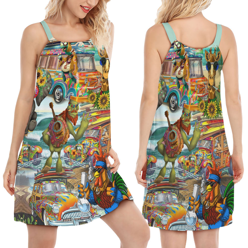 Hippie Animals Joyful Companions Love Beach V-Neck Sleeveless Cami Dress For Music Festivals And Thoughtful Boho Gifting