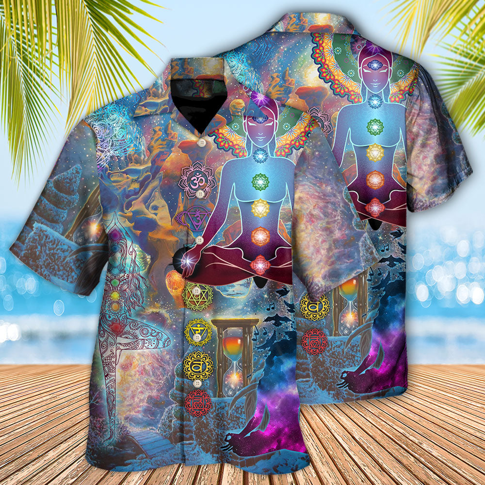 Peaceful Galaxy Yoga Hawaiian Shirt Artwork Detail For Tropical Trips And Casual Outings