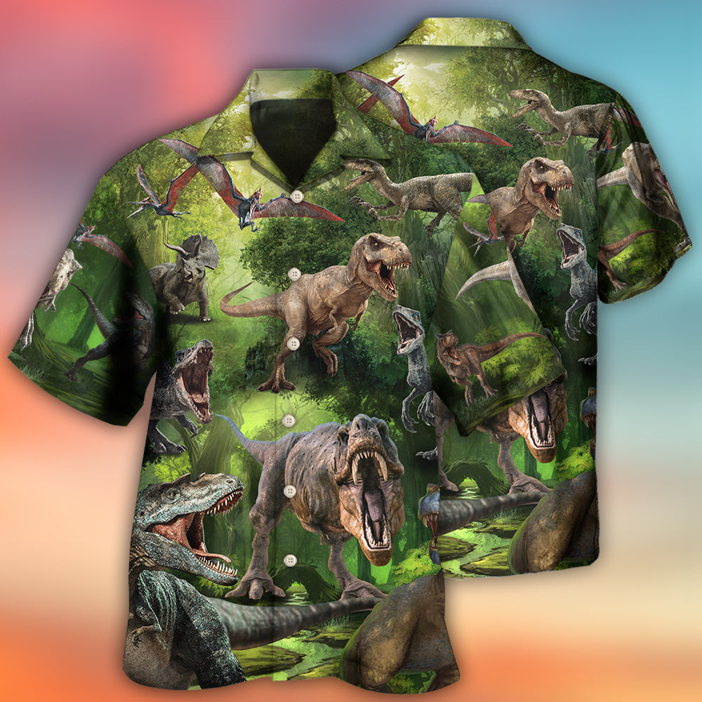 Dinosaur Forest Hawaiian Shirt For Coastal Adventures And Warm Weather Wear