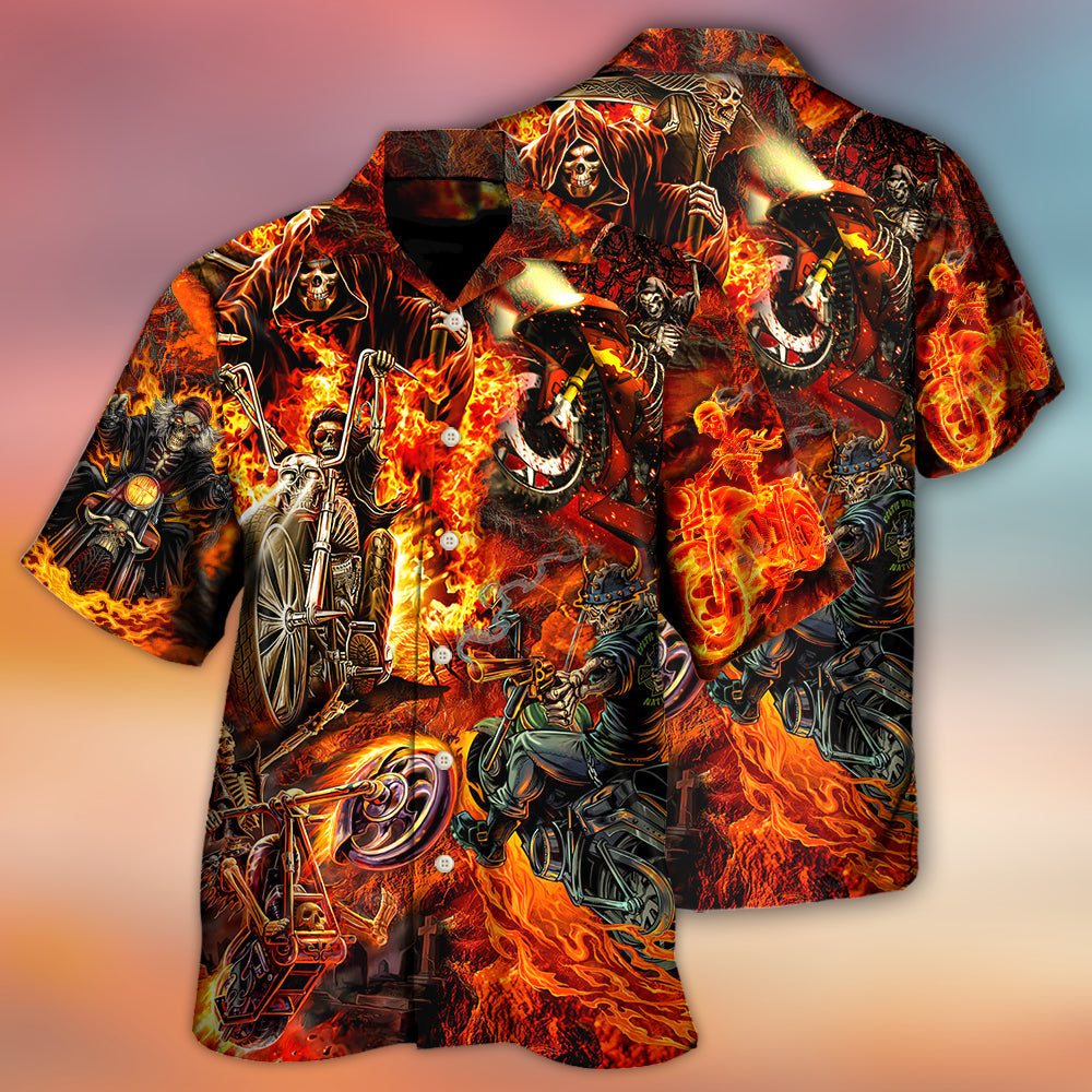 Motorcycle Skull Fire Burning Hawaiian Shirt For Warm Weather Adventures And Everyday Comfort