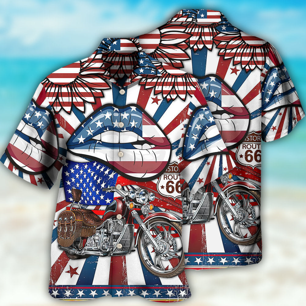Patriotic American Bold Motorcycle Hawaiian Shirt Design View For Vacation Style