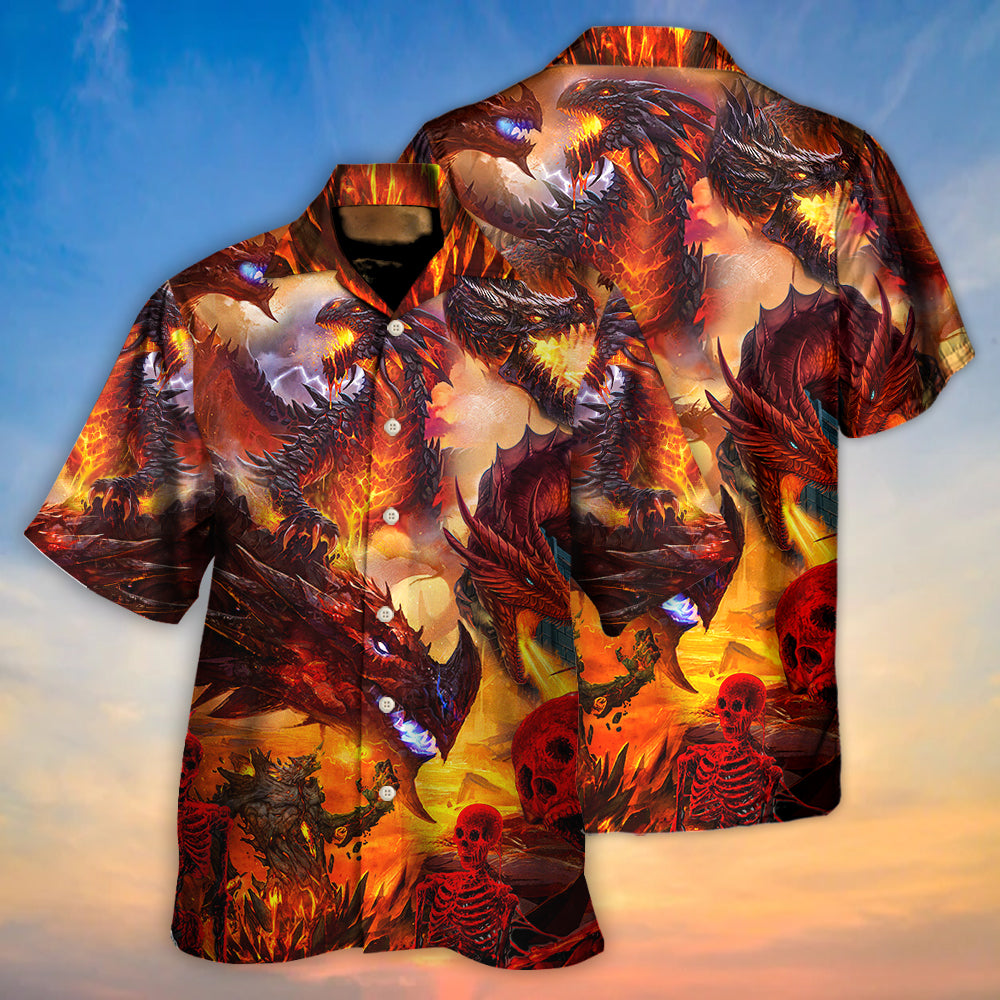 Red Dragon Skull Fire Hawaiian Shirt Pattern Detail For Vacation Travel And Daily Wear