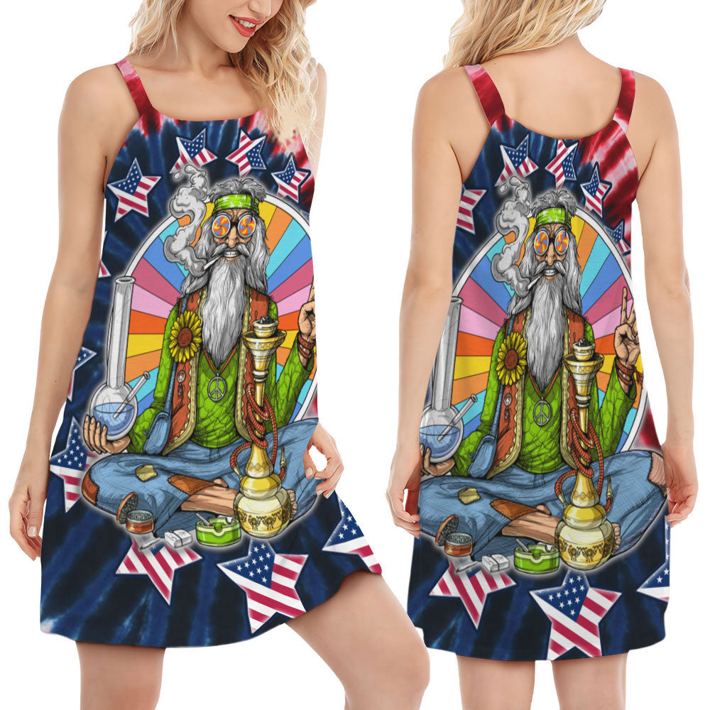Hippie Patriotic Celebration Tie Dye V-Neck Sleeveless Cami Dress For Creative Events And Casual Warm Weather Wear