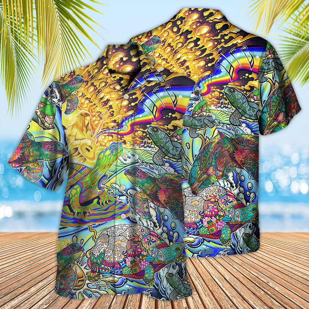 Bohemian Colorful Turtle Peace Hawaiian Shirt Artwork Detail For Tropical Trips And Casual Outings