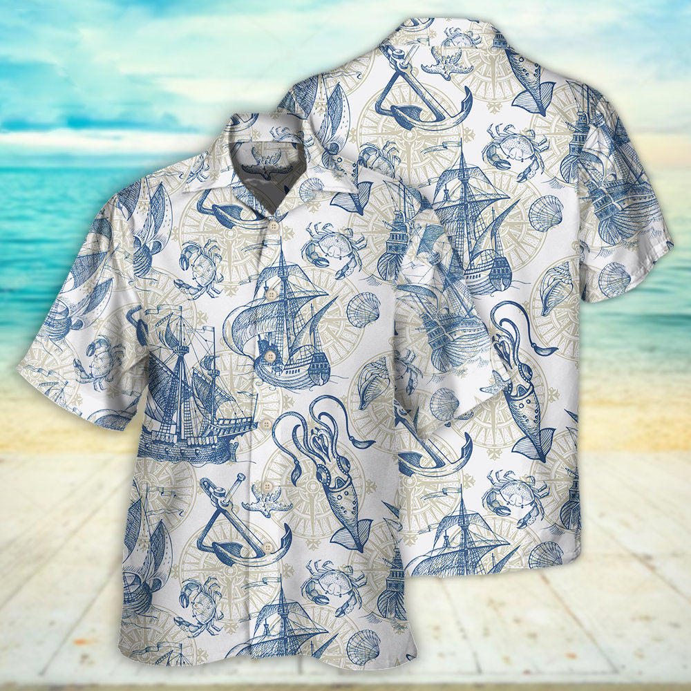 Vintage Ocean Sailboat Sea Monster Geographical Maps Hawaiian Shirt Design View For Resort Travel And Thoughtful Gifting