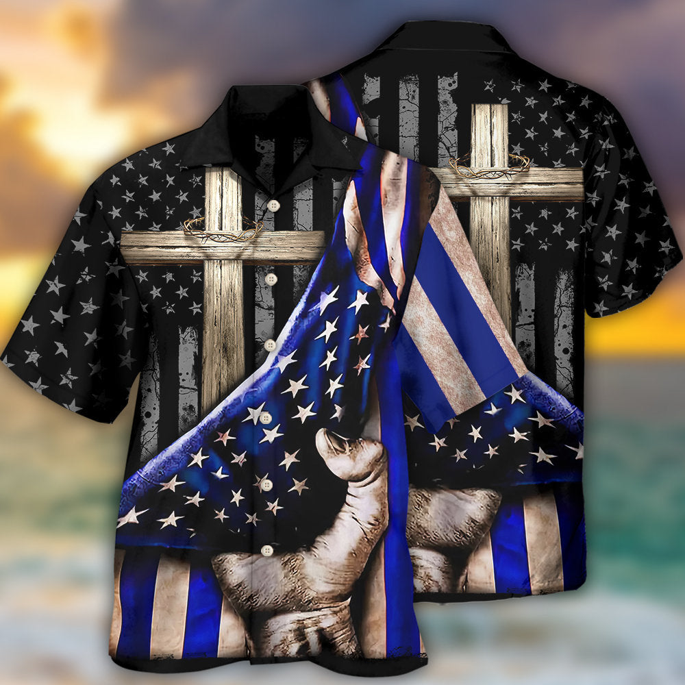 Faith Cross Blue Tribute Hawaiian Shirt Pattern Detail For Coastal Travel