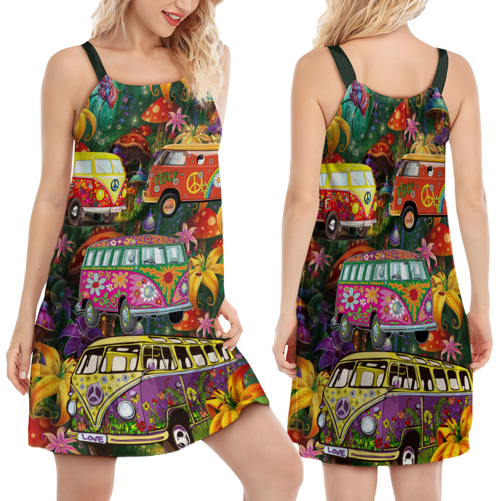 Hippie Van Peace Sunflowers V-Neck Sleeveless Cami Dress For Music Festivals And Thoughtful Boho Gifting