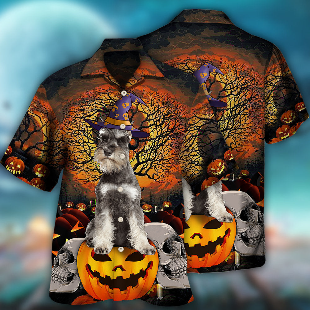 Halloween Schnauzer Dog Hawaiian Shirt Button Front Artwork For Beach Days