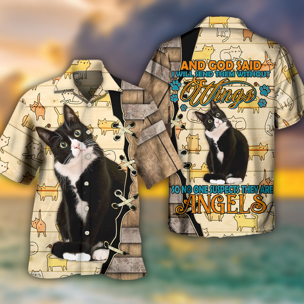 Cute Cat Angels Wings Hawaiian Shirt Detailed Pattern View For Weekend Trips