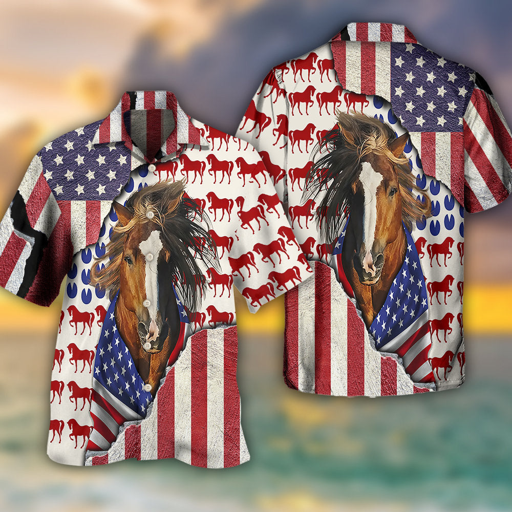 Patriotic Horse American Flag Hawaiian Shirt Pattern Detail For Summer Holidays And Outdoor Fun
