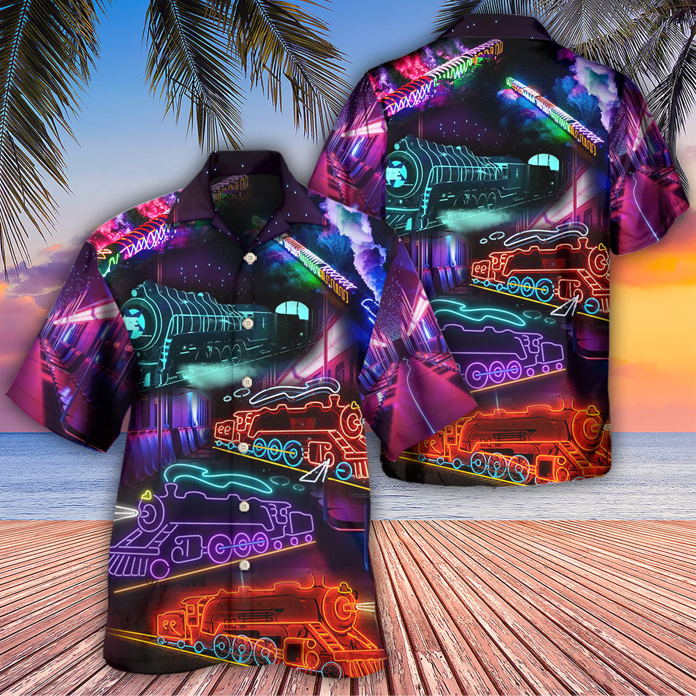 Neon Train Night Hawaiian Shirt Pattern View For Relaxed Warm Weather Outfits