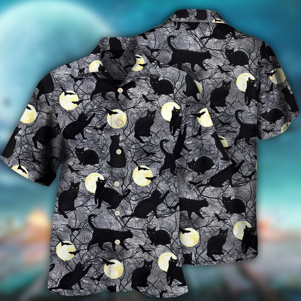Black Cat Halloween Hawaiian Shirt Pattern Detail For Vacation Travel And Daily Wear