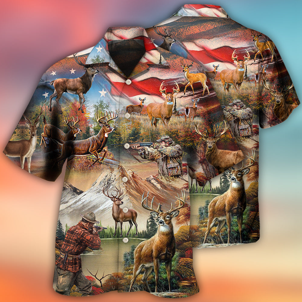 Deer Hunting Independence Day American Flag Hawaiian Shirt For Summer Vacation And Beach Travel