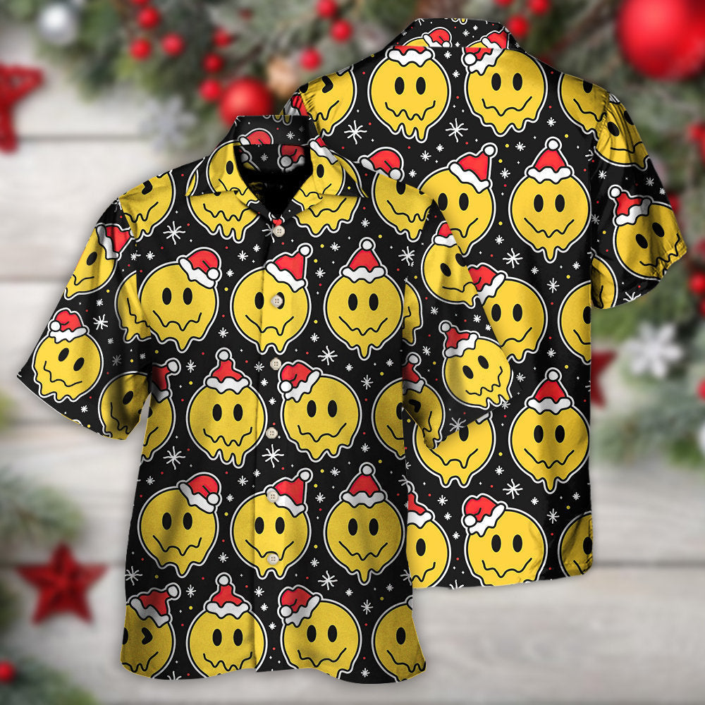 Happy Christmas Smiling Face Santa Hat Hawaiian Shirt Pattern Detail For Vacation Travel And Daily Wear